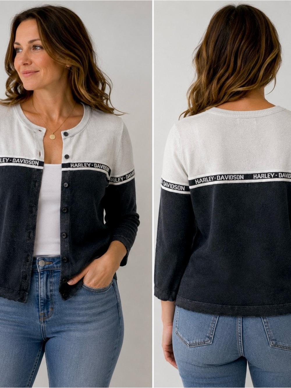 Harley Davidson Womens Cardigan Sweater L Y2K Logo Button Black White Biker